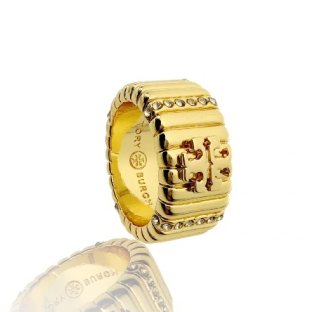 Tory Burch Crystal Textured Pave Logo Band Ring. Size 8